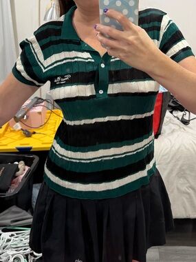 ASOS Green, Black & White Striped Polo Knit Top